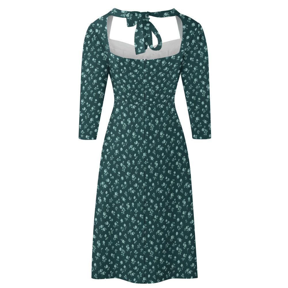 Petrolfarbenes Kleid mit Blumenmuster | Sweetheart Knot Kleid | Elegant & verspielt | Geschenkidee Damen