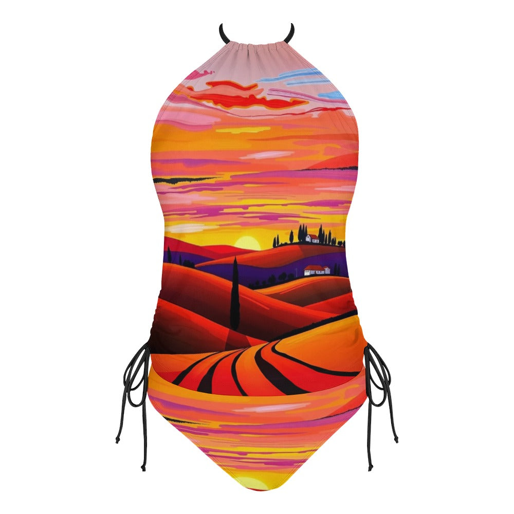 Bikini „Toskana Sunset“ – Damen Badeanzug mit Sonnenuntergangs-Landschaft