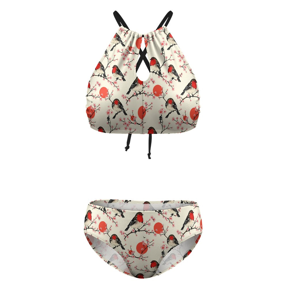 Bikini „Red Robin Blossom“ – Damen Badeanzug im Vogel- und Kirschblüten-Design