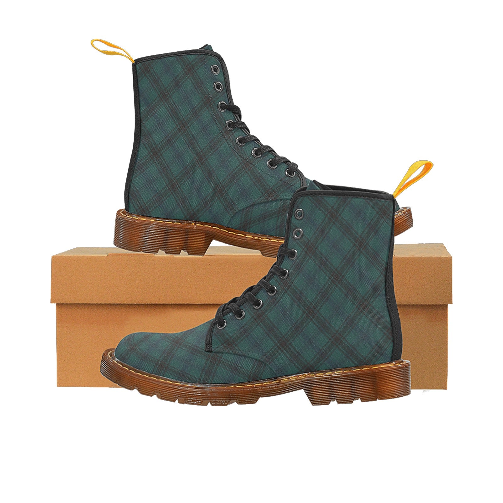 Damen Boots mit grün-blau-schwarzem Tartan | Winter Canvas Lace Up Boots | Stylische karierte Stiefeletten im Schottenkaro