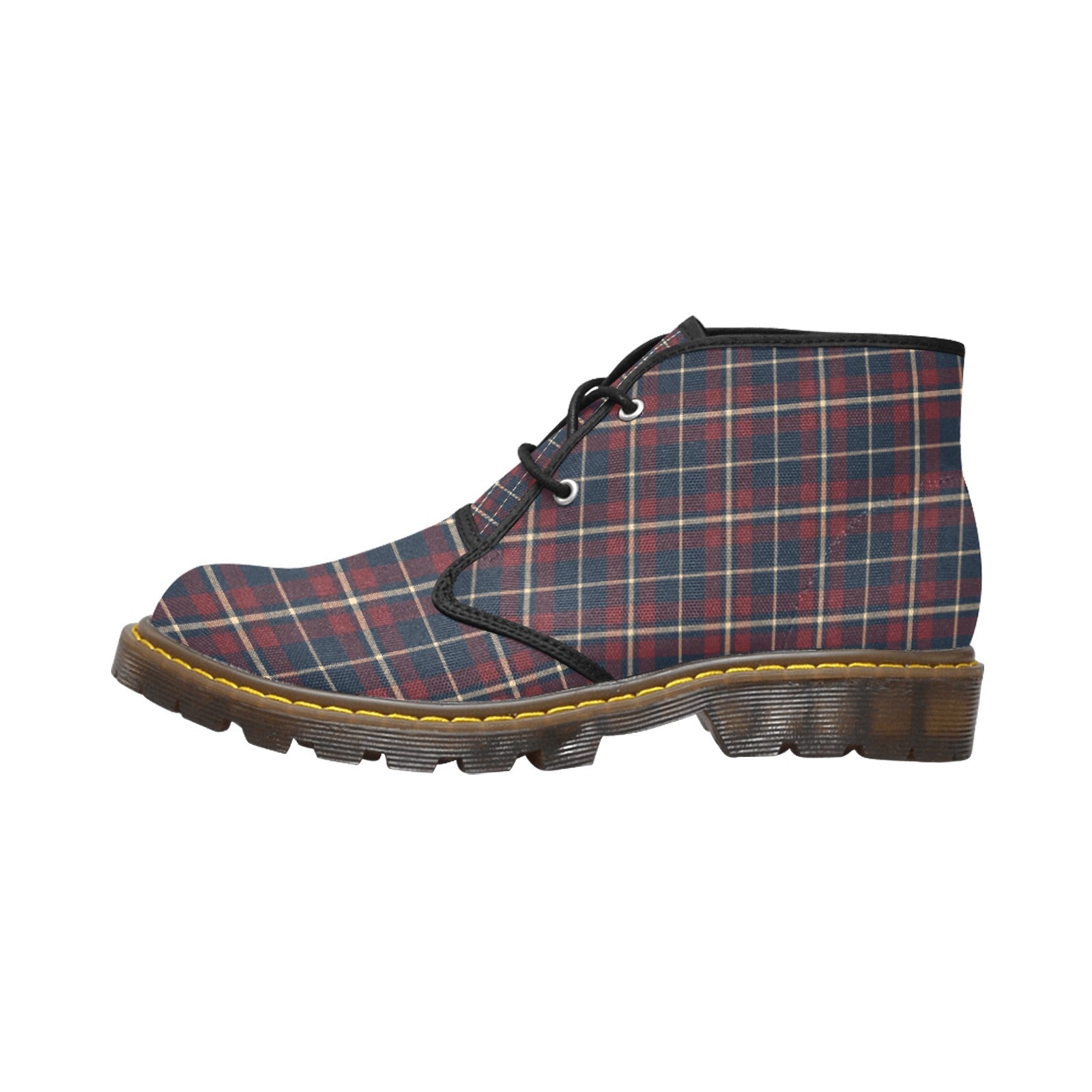 Damen Chukka Boots im Dunkelblau-Bordeaux-Creme Tartan | Klassisches Karomuster | Canvas Boots für Herbst & Winter