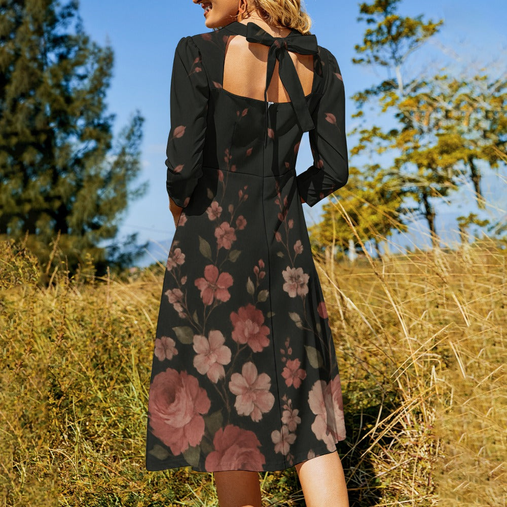 Schwarzes Blumen-Kleid mit Schleife | Sweetheart Knot Flare Dress mit 3/4-Ärmeln – Elegant & Feminin für Alltag, Büro & besondere Anlässe