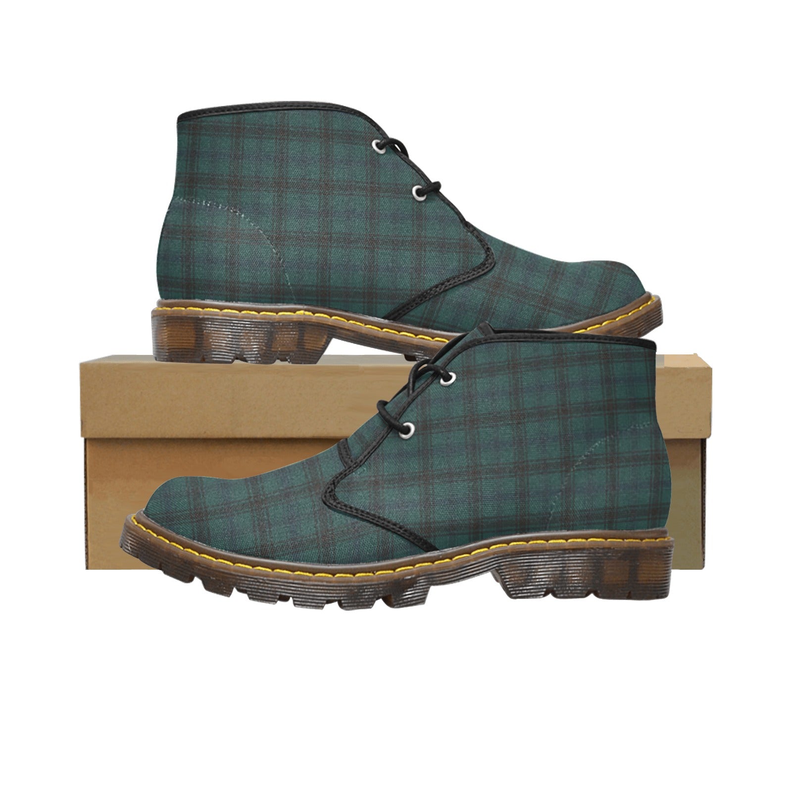 Damen Chukka Boots im Tartan Grün-Blau-Schwarz | Stylische Canvas Boots | Kariertes Muster | Bequeme Herbstschuhe für Frauen