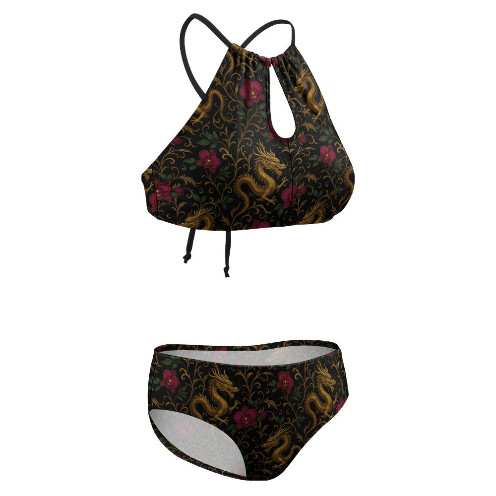 Eleganter Drachen-Bikini in Schwarz & Gold | Halterneck Zweiteiler mit Orchideen-Design | Luxuriöse Bademode