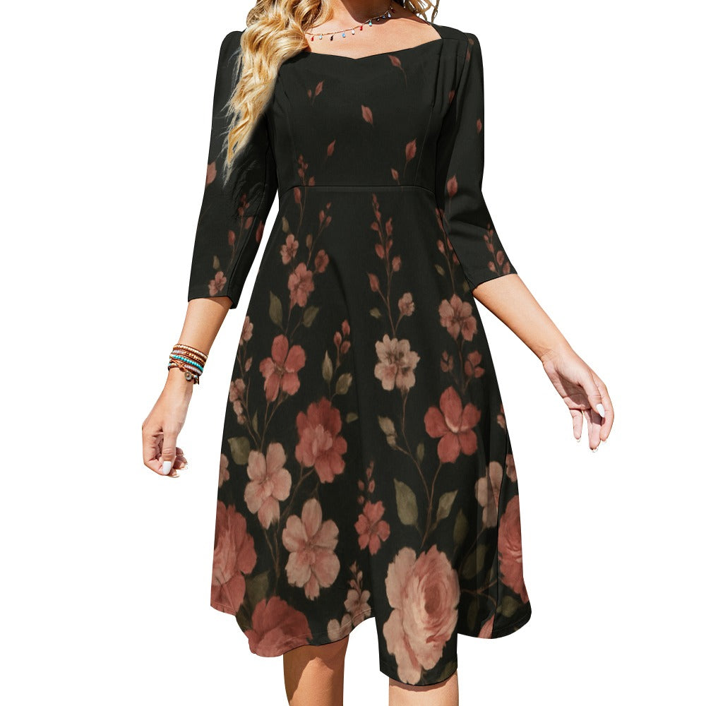 Schwarzes Blumen-Kleid mit Schleife | Sweetheart Knot Flare Dress mit 3/4-Ärmeln – Elegant & Feminin für Alltag, Büro & besondere Anlässe