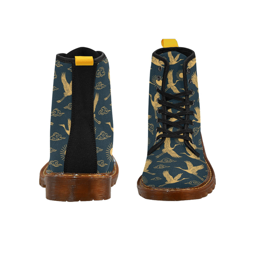 Damen Boots mit goldenem Kranich-Design – Winter Canvas Lace-Up Stiefel