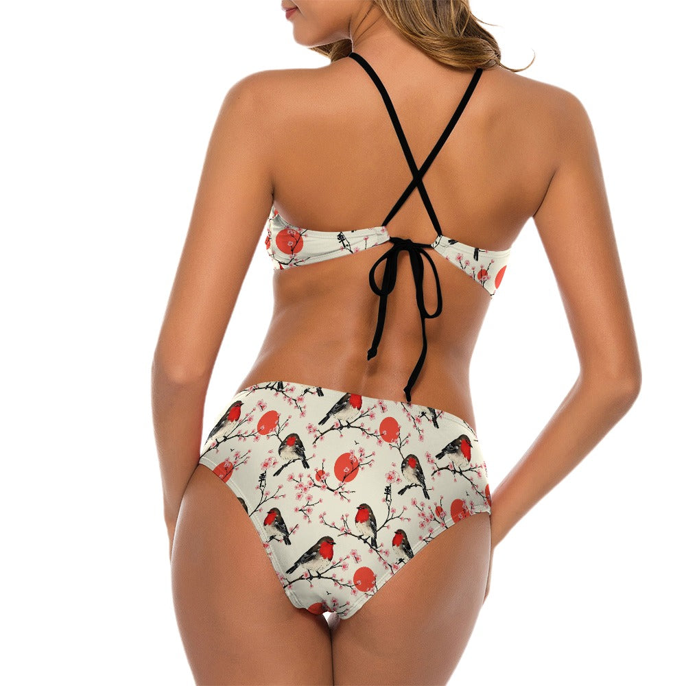 Bikini „Red Robin Blossom“ – Damen Badeanzug im Vogel- und Kirschblüten-Design
