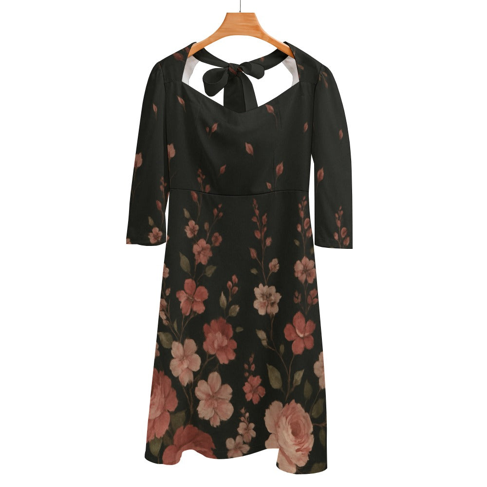 Schwarzes Blumen-Kleid mit Schleife | Sweetheart Knot Flare Dress mit 3/4-Ärmeln – Elegant & Feminin für Alltag, Büro & besondere Anlässe