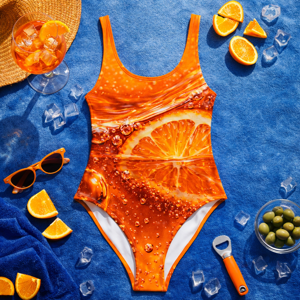 Aperol Spritz Badeanzug Damen – Orange Cocktail Swimsuit, Sommer Pool Badeanzug, Aperitivo Swimwear, Italien Sommer Look