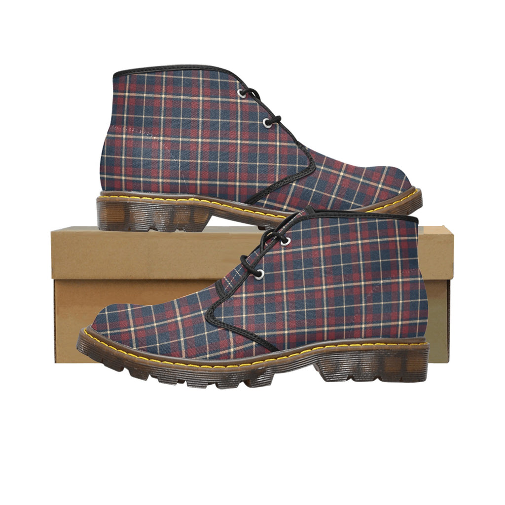Damen Chukka Boots im Dunkelblau-Bordeaux-Creme Tartan | Klassisches Karomuster | Canvas Boots für Herbst & Winter