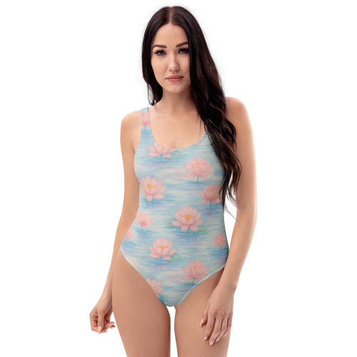 Badeanzug mit Lotusblüten Aquarell | Femininer Einteiler in Pastell | Eleganter Lotus Swimsuit für Strand & Pool