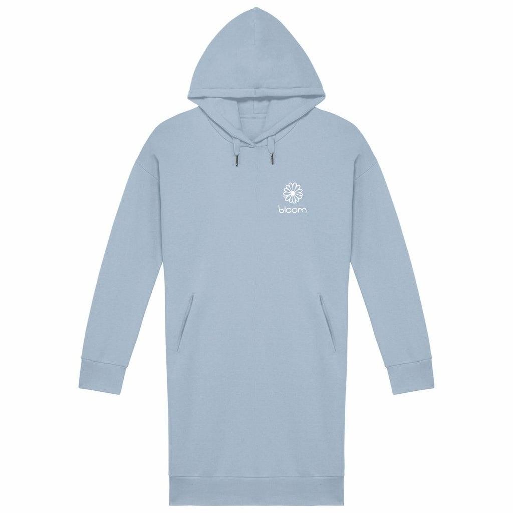 Kapuzenkleid für Frauen mit Gänseblümchen Aufdruck - vorderseite_blau